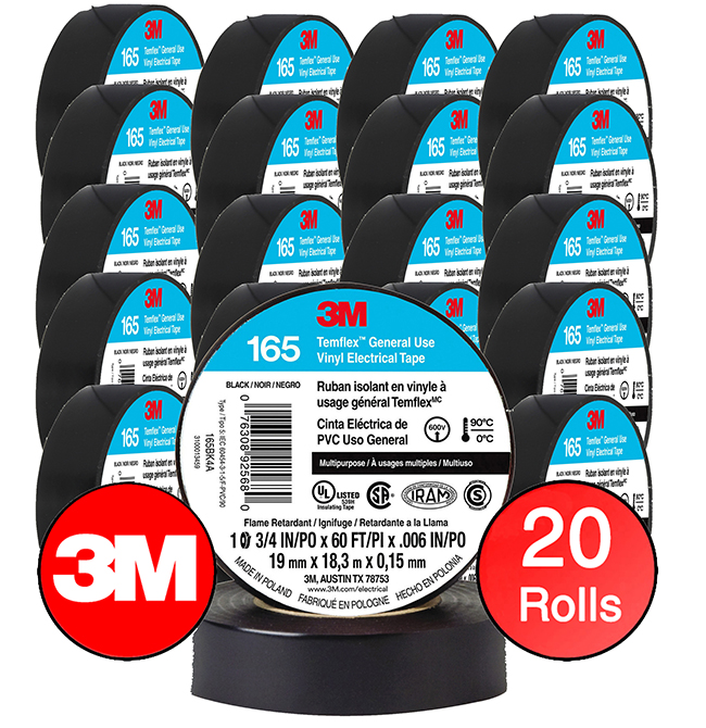 20 ROLLS. 3M TEMFLEX 165 ELECTRICAL TAPE BLACK 3/4